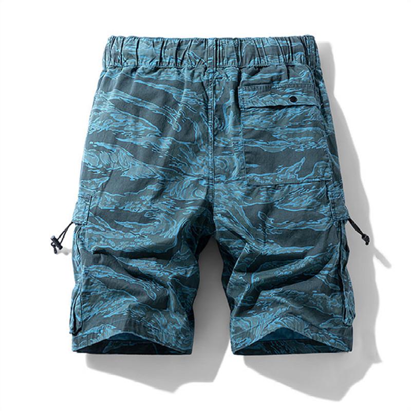 Mens Cotton Stretch Camouflage Cargo Shorts Elastic Waist with Drawstring Multi Pockets Knee Length Outdoor Casual Workwear Short Trousers