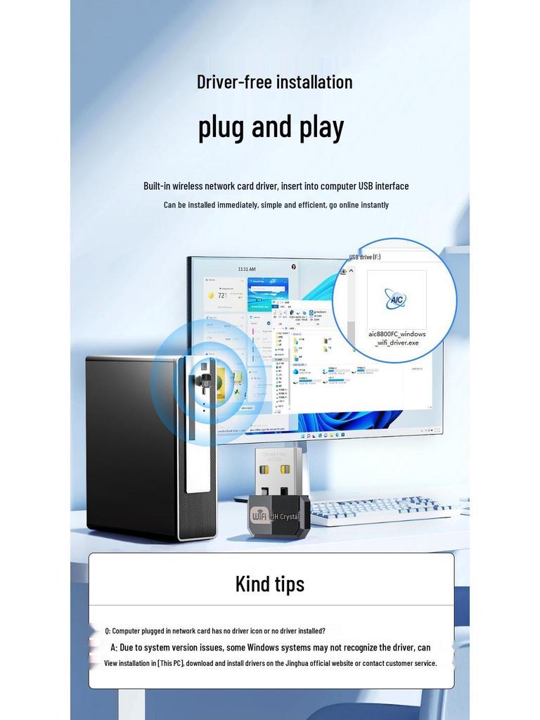 כרטיס רשת USB Jinghua 300M WiFi 6 דו-פס עם אנטנה בעלת שבח גבוה ללא דרייבר עבור Windows 10/11.