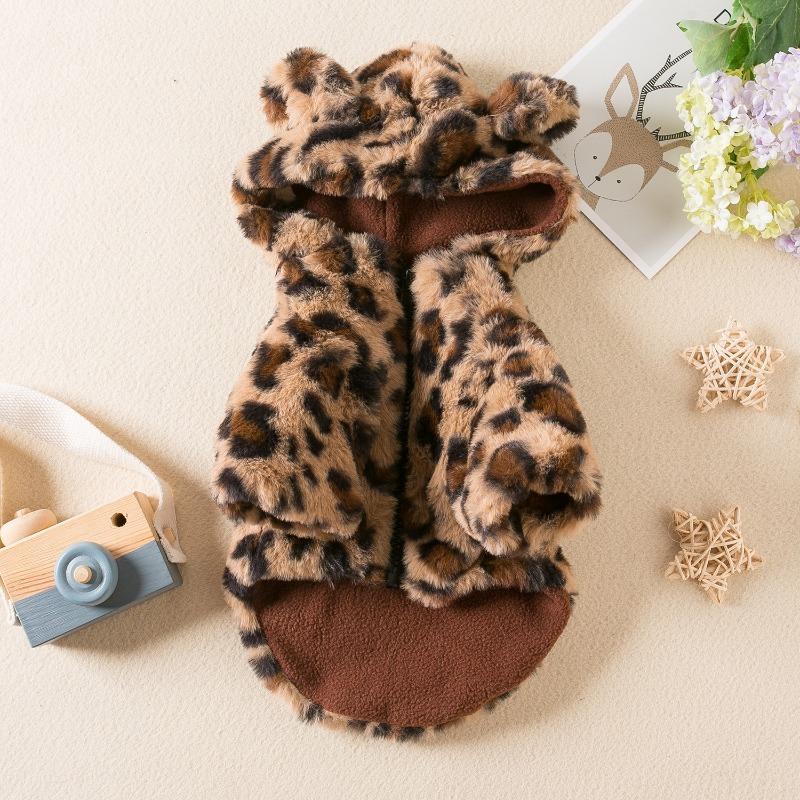Pet Fleece Clothes Autumn Winter Leopard Print Thick Dog Coat Method Bucket Teddy Schnitzer Small Medium DogCat Clothes with Hat