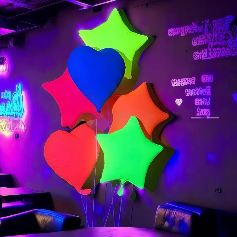 6 ks fluorescentních balónků, narozeninové balónky, party dekorace, party potřeby, ve tvaru srdce, pěticípé hvězdy