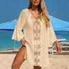 Cover Up Dress V-neck Long Sleeve Hollow Splicing Design Beach Cover Up Dress Pure Color Poolside Beachwear