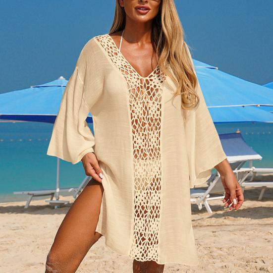 Cover Up Dress V-neck Long Sleeve Hollow Splicing Design Beach Cover Up Dress Pure Color Poolside Beachwear