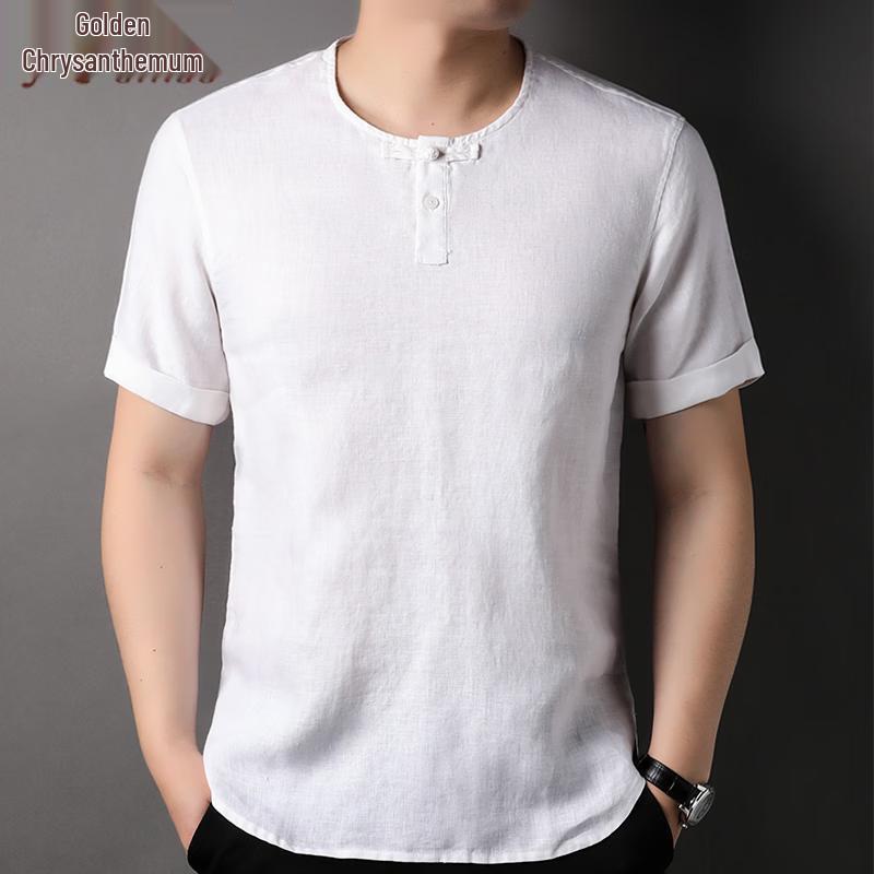 Men s Jinju 100% Linen Chinese Style Round Neck T-Shirt M