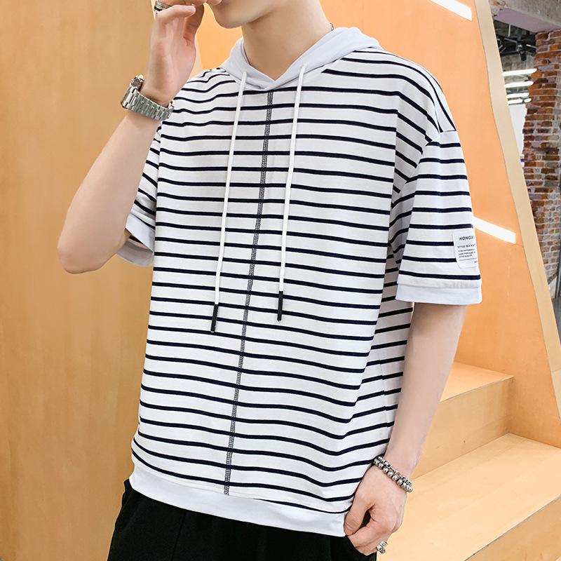 IELGY Halbärmeliges Hemd, gestreift, kurzärmeliges T-Shirt mit Kapuze, lässig, trendig, Kontrastfarbe, lockerer Stoff-Patch für Herren