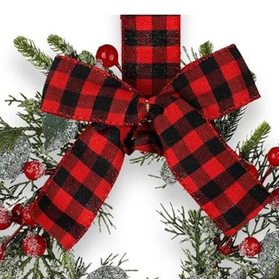9" Mini Christmas Wreath Artificial Frosted Pine Wreath with Red Berry Buffalo Plaid Bow for Farmhouse Indoor Outdoor Kitchen Cabinet Decor