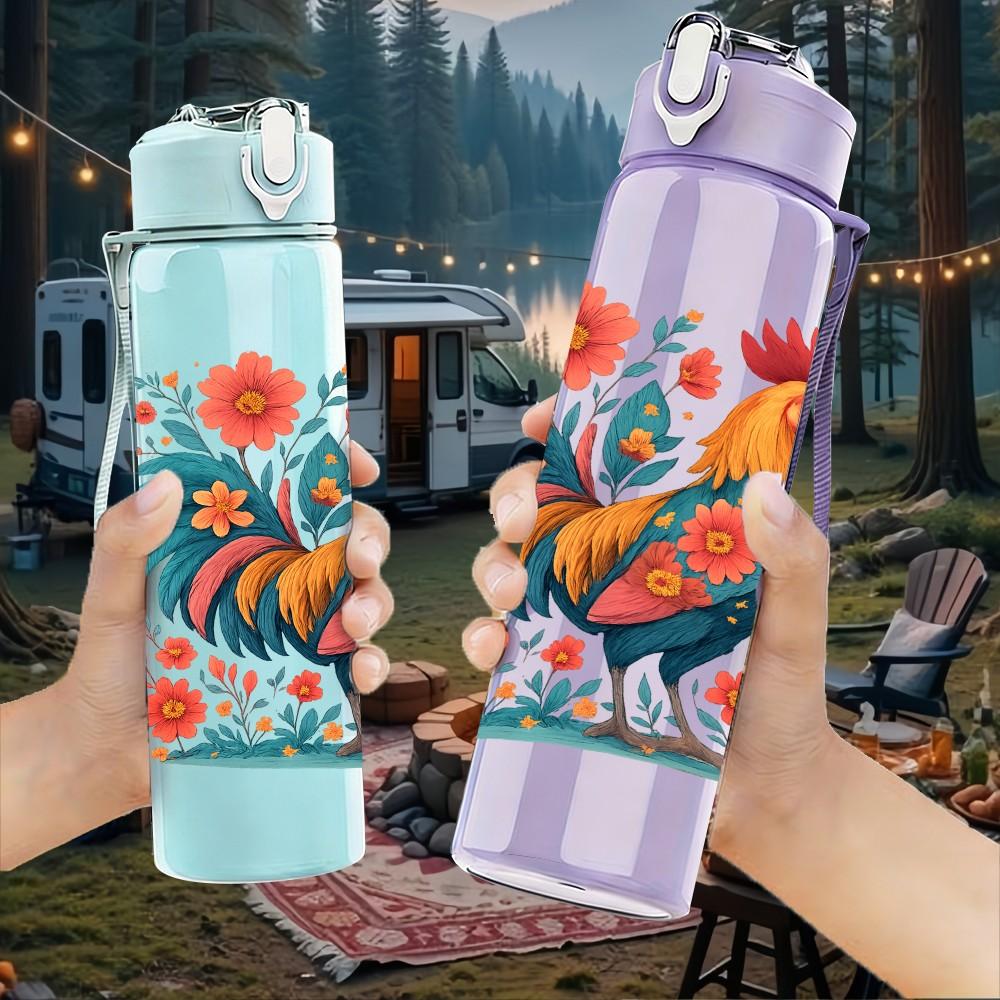 1PC Colorful Rooster Floral Pattern 750ml Color Plastic Sports Water Bottle Leakproof Flip Straw Lid Suitable for Sports Office Home Use