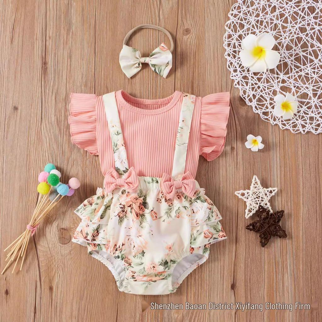 Prinsess-stil Baby Sommaroverall Set: Triangelbody, Tröja att dra över huvudet, Puffbyxor, Kjola