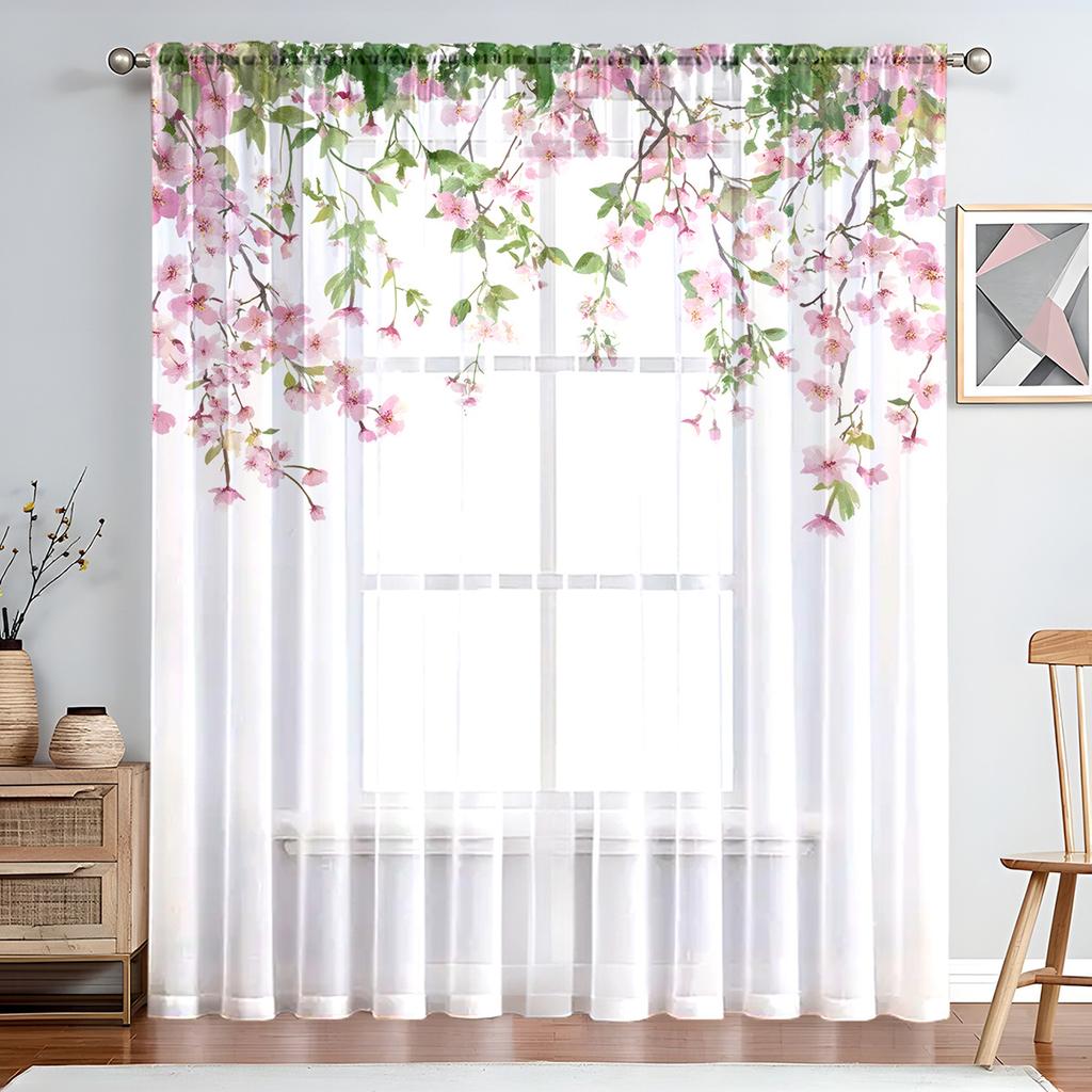1PC Elegant Wisteria Flower Sheer Curtains - Purple Floral Design with Green Leaves, Rod Pocket Top for Living Room, Kitchen, Bedroom, Balcony