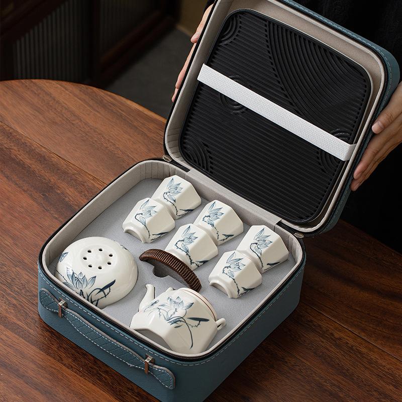 Ru Kiln Travel Ceramic Tea Set Hand-painted Cooling Pot Teacup Tea Tray Outdoor Portable Set Mid-Autumn Festival Gifts