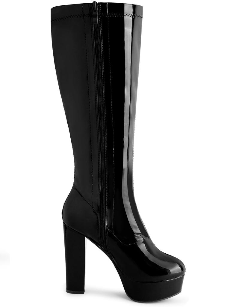 Allegra K Women's Patent Leather Platform Chunky Heel Knee-High Boots, Black, Size 24.5cm