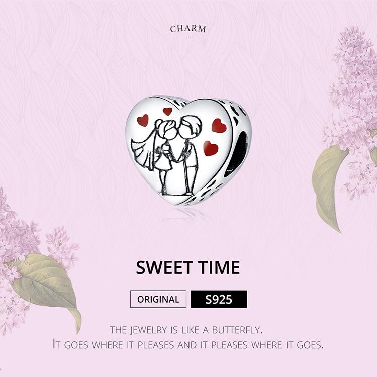 BAMOER Unique Design 925 Sterling Silver Pendant Sweet Time Charm Heart Shape Bead Fit Origional Bracelet Couple Jewelry Gift
