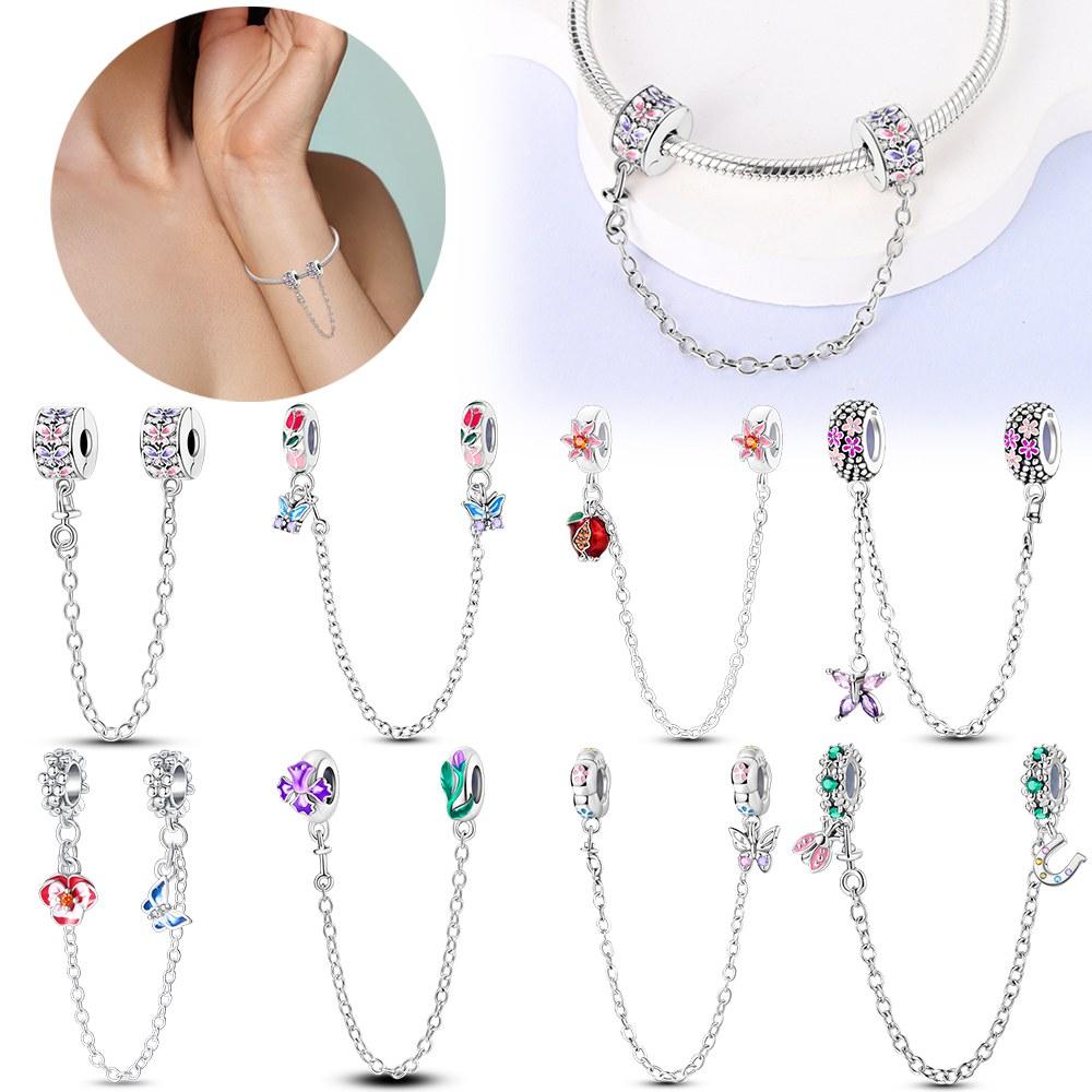 New Copper Colors Pink And Purple Butterfly Safety Chain Pendant Fit Copper Colors Original Bracelets Diy Birthday Jewelry Gift