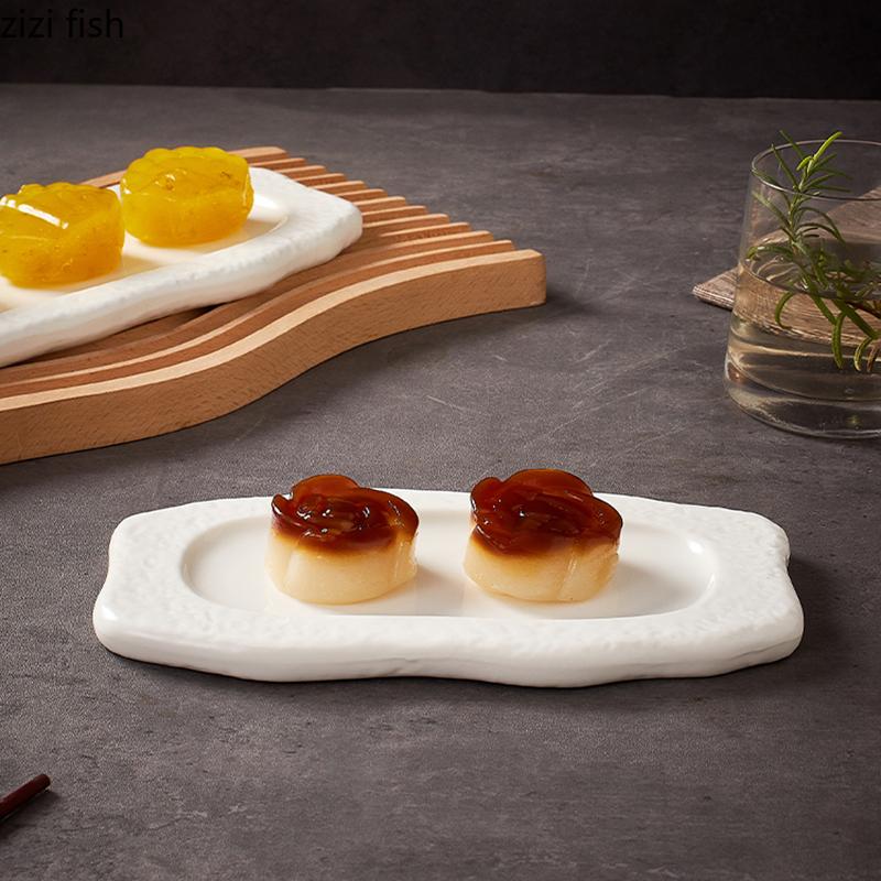 Pure White Ceramic Long Strip Plate Irregular Sushi Plate Dessert Plate Snack Plates Molecular Cooking Specialty Tableware