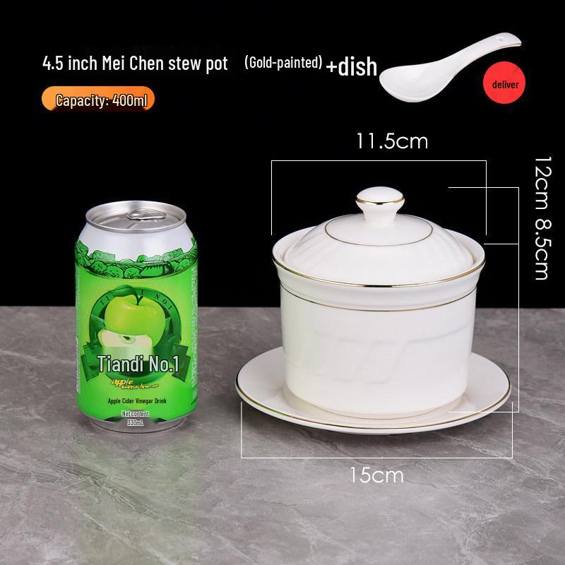 Pure White Ceramic Water-Bath Stew Pot with Gold Rim - Hotel & Commercial Grade, Ideal for Chinese Shaxian, Bird's Nest, and Steam Egg Dishes.