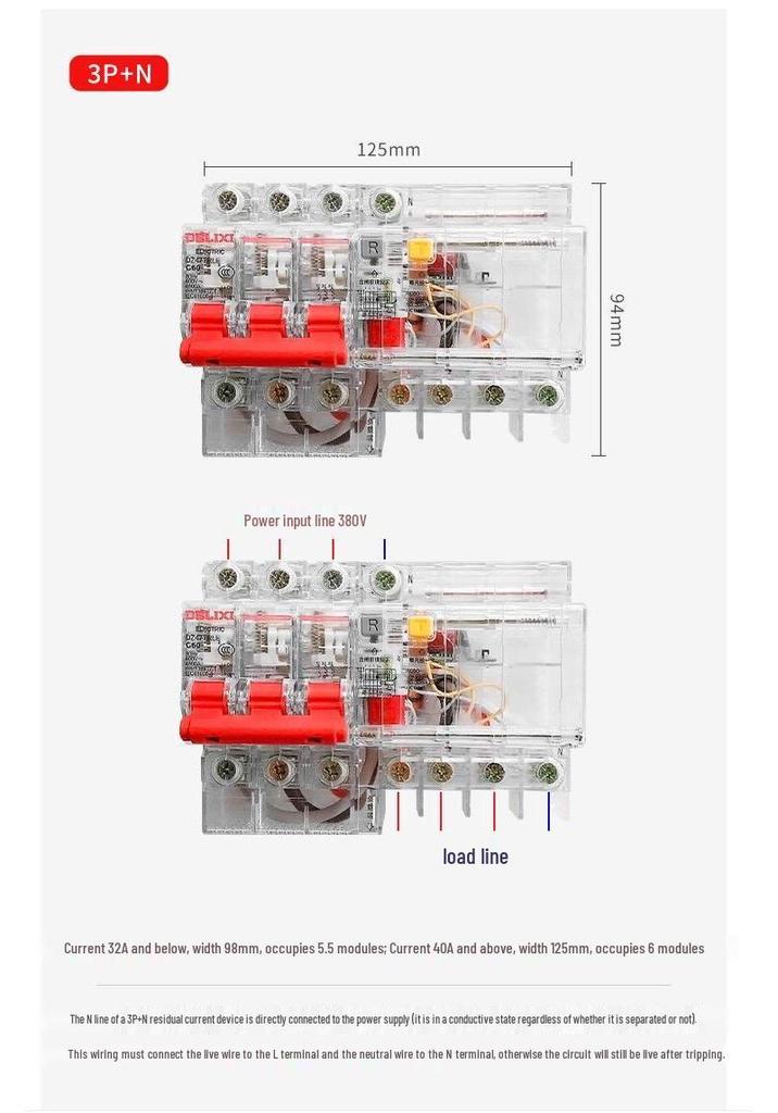 DELIXI Transparent Earth Leakage Circuit Breaker with RCD Switch, 1P+N/2P/3P/4P, 32A/63A Air Switch.