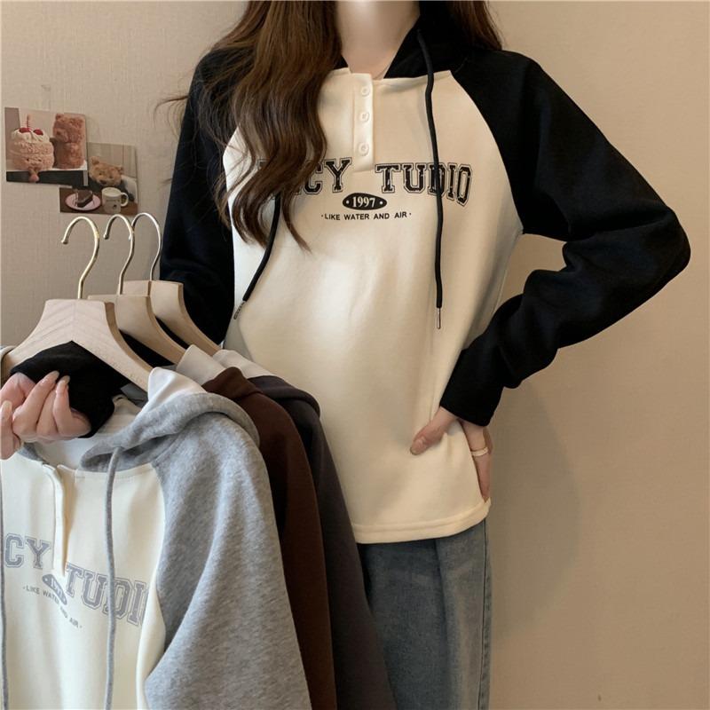 Wind Shot Cotton Hooded Sweater Women's Outfit Autumn and Winter Shoulder Splicing Niche Long Sleeve Top Women's Jacket