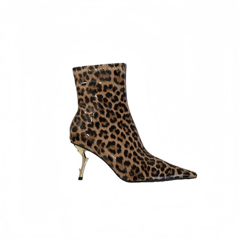Sexy Leopard Print High-heeled Thin Boots 2025 New Pointed Metal Stiletto Side Zipper Fashion Boots