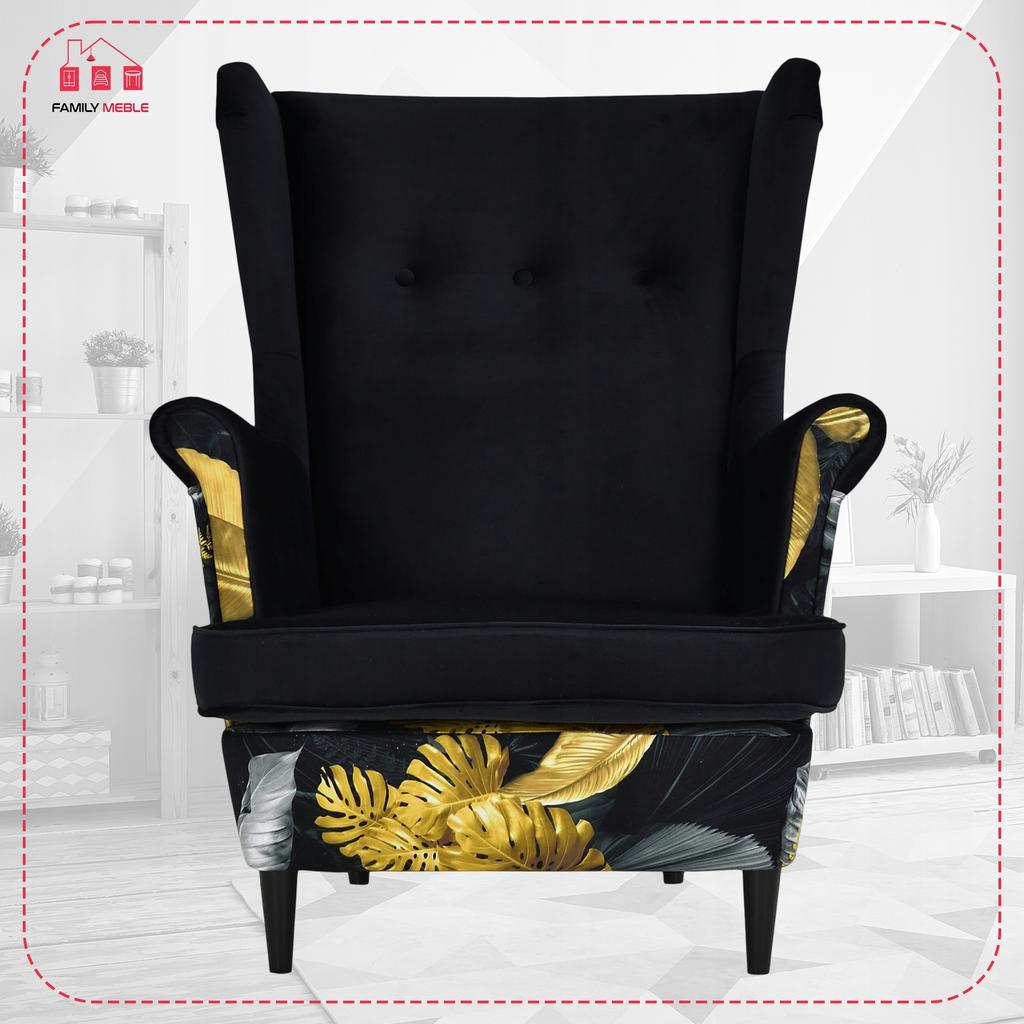 Fotel uszak Ari Print Duo z podnóżkiem, skandynawski Family Meble pufa