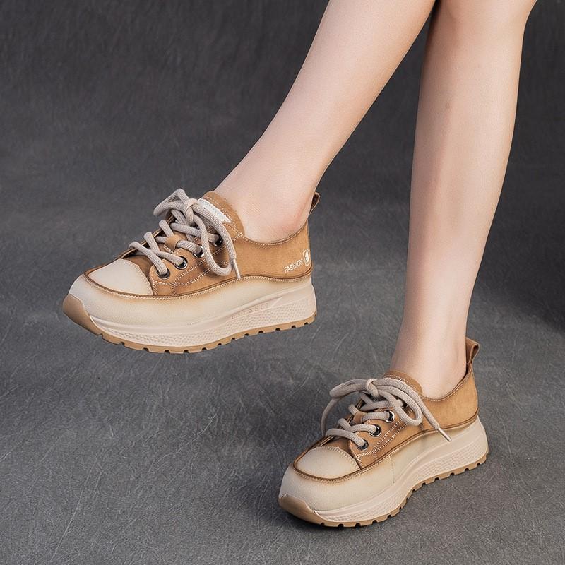 Fashion GKTINOO Genuine Leather Sneakers Thick Soled Casual Women's Shoes 2025 Autumn New Round Toe Lace-up Flat Platform Shoes