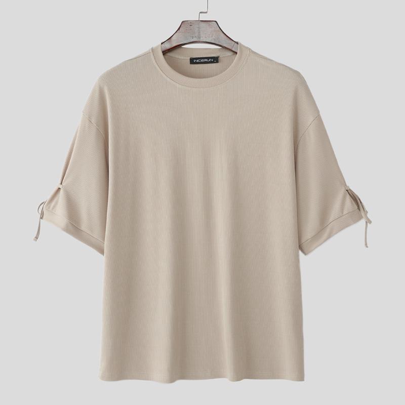 

INCERUN Men O Neck Lace-up Short Sleeve Rib Oversized Casual T-shirts 4XL хаки