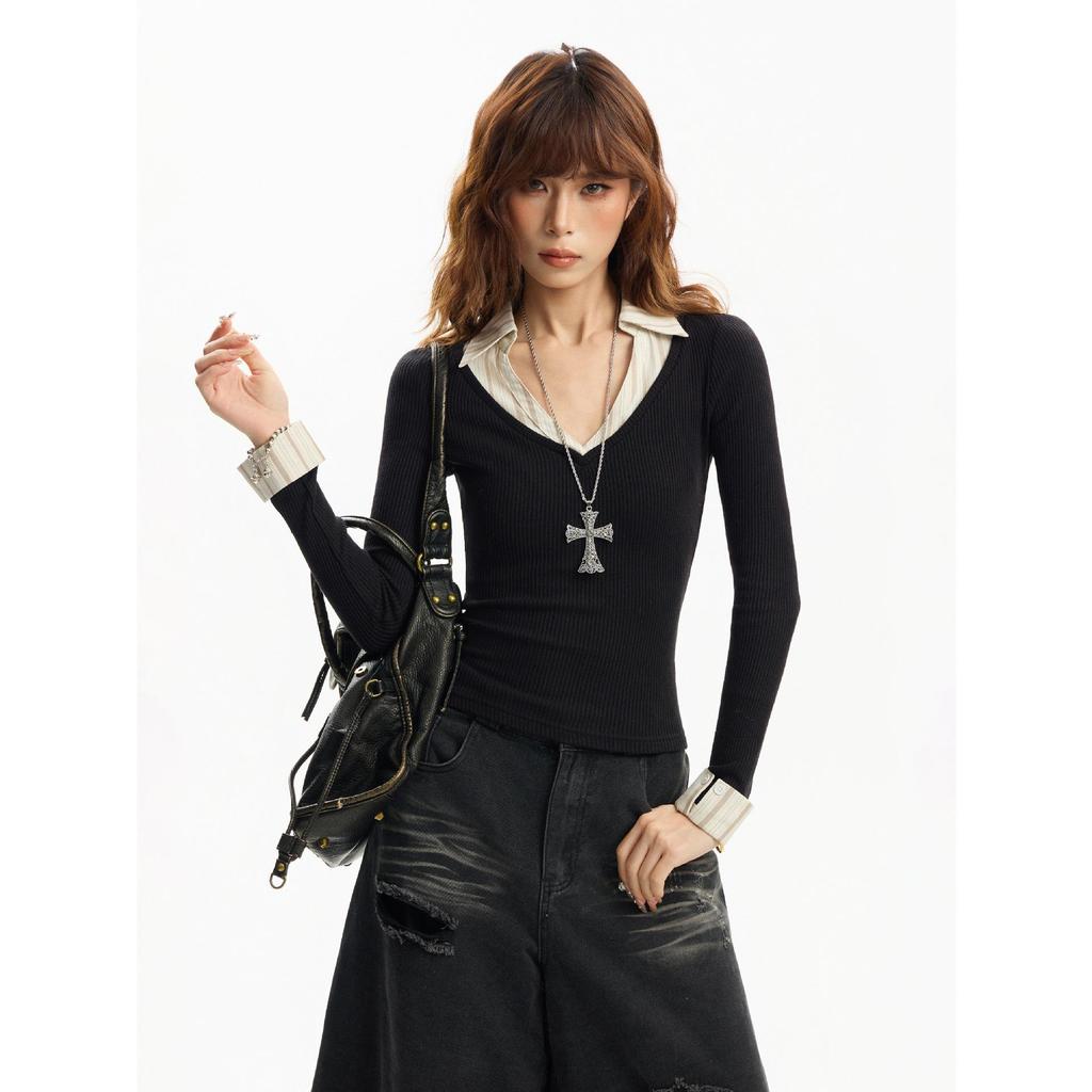 Women's School Style Knit T-Shirt: Peach Heart Design, Fake Two-Piece, Autumn/Winter Fashion