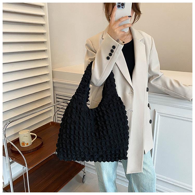 Wrinkle Design Nylon Bucket Bag Open Top Shoulder Crossbody Purse for Women