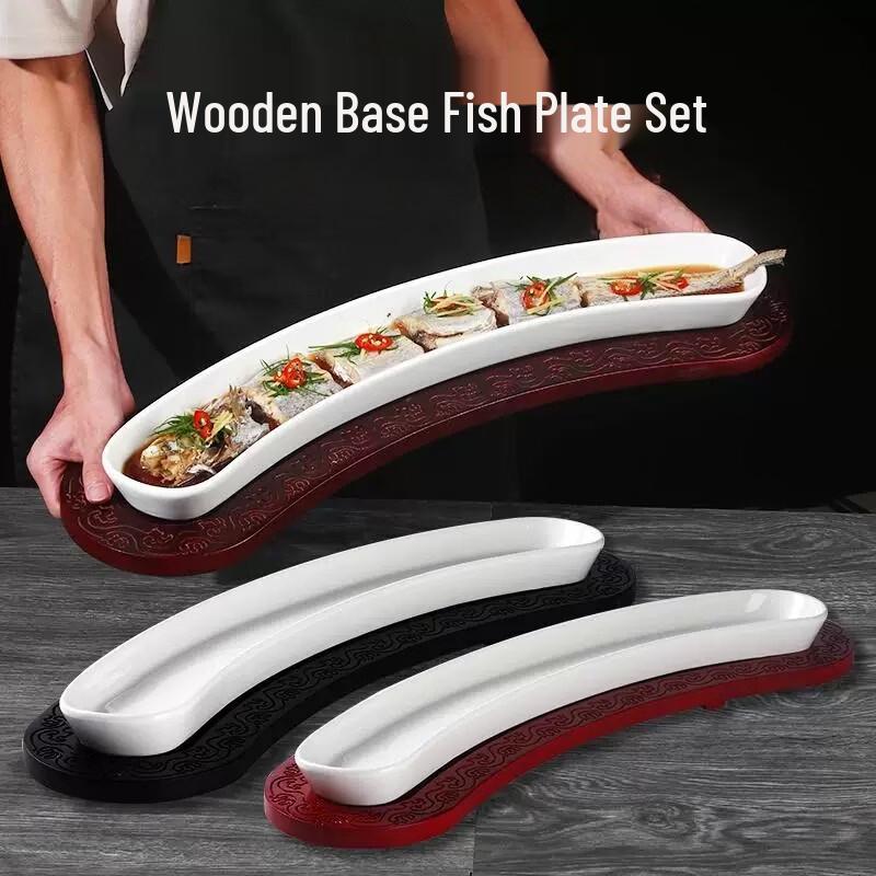 Naijiang Hotel Collection White Ceramic Fish Serving Dish & Wooden Base