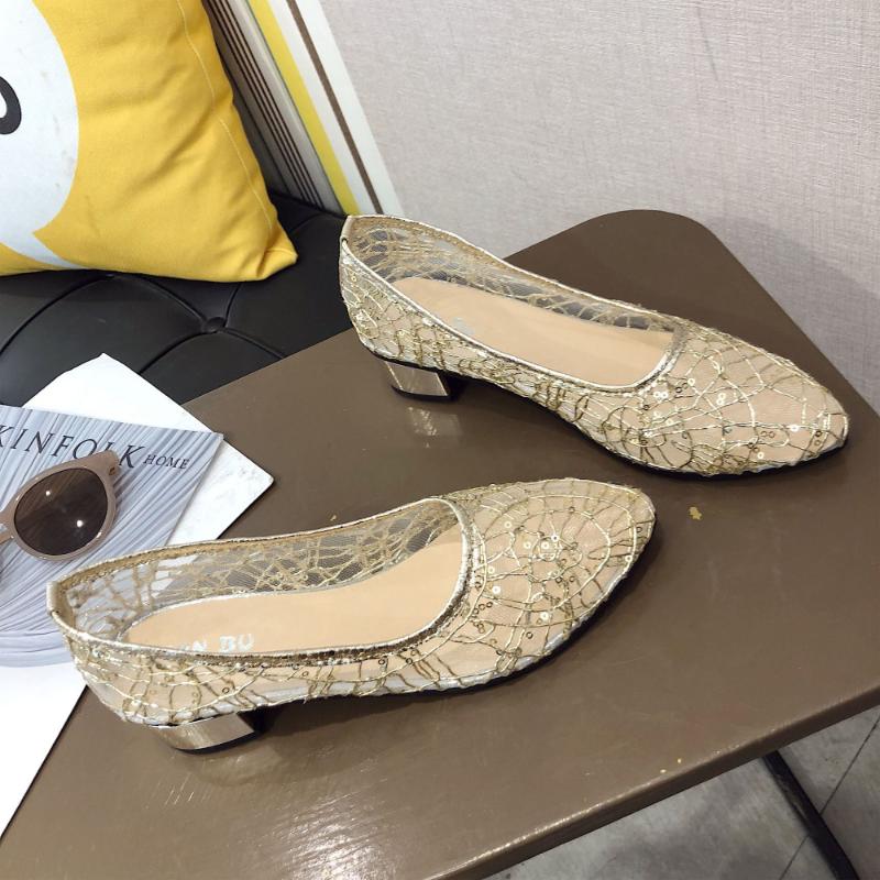 Women Thick Heel Sandals Ladies Mesh Hollow-out Pointed Single Shoes Children Middle Heel Work Shoes Footwear
