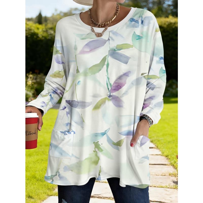Large size women s spring and summer new printed loose long-sleeved tops with pockets S