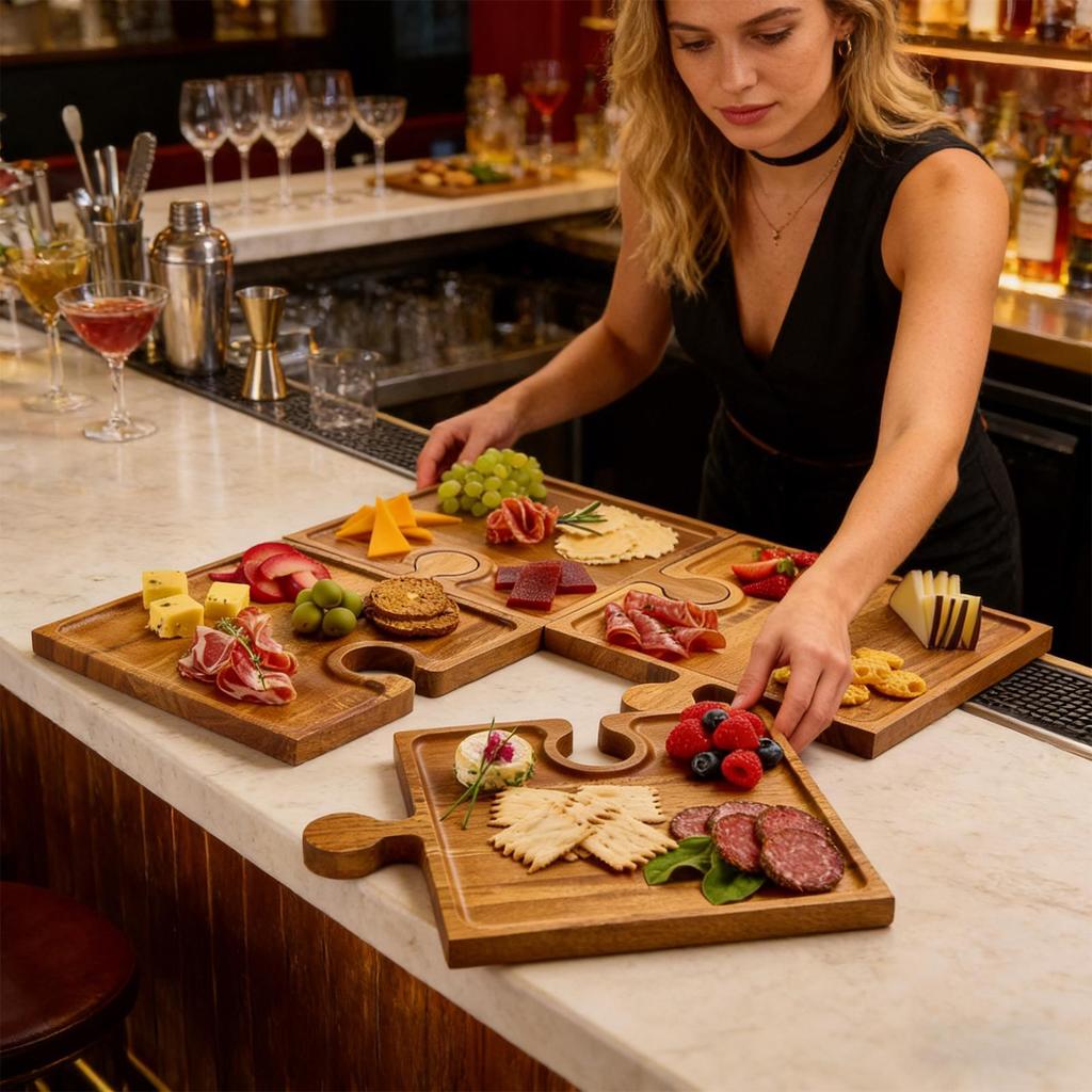 4Piece Charcuterie Board Set Multifunctional Wooden Puzzle Serving Tray Puzzle-Shaped Platter Charcuterie Tray for Kitchen Party
