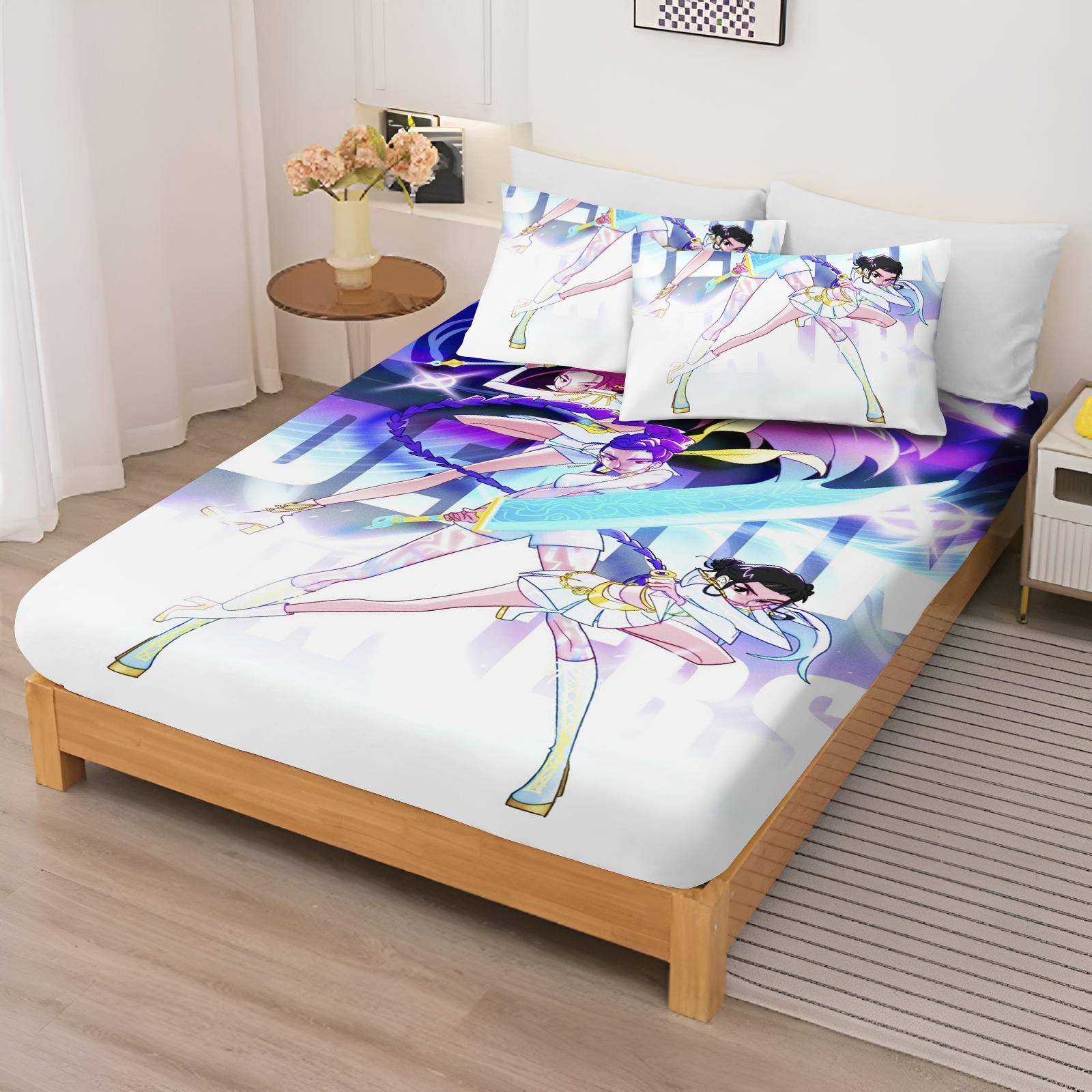 Hoeslaken Kpop Demon Hunter Meisjesgroep Beddengoed En Kussenslopen Set Dekking Cartoon Cover Elastisch Digitale Print Beddengoed 90x190x25cm