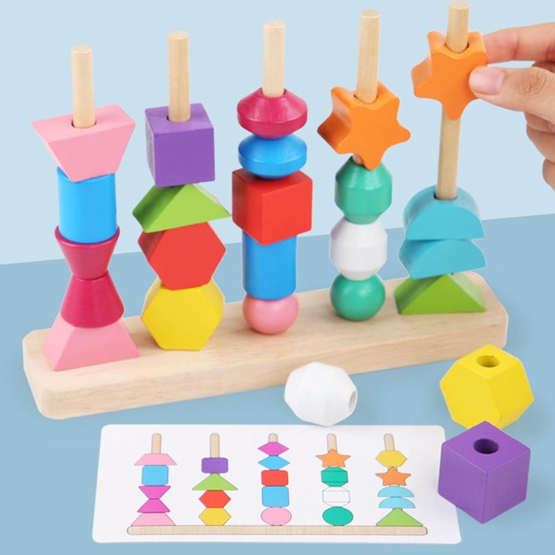 Learning Plugging Block Toy Shape & Color Sorting Game Wooden Beading Toy Stacking Puzzle Interactive Toddler Fun Gift