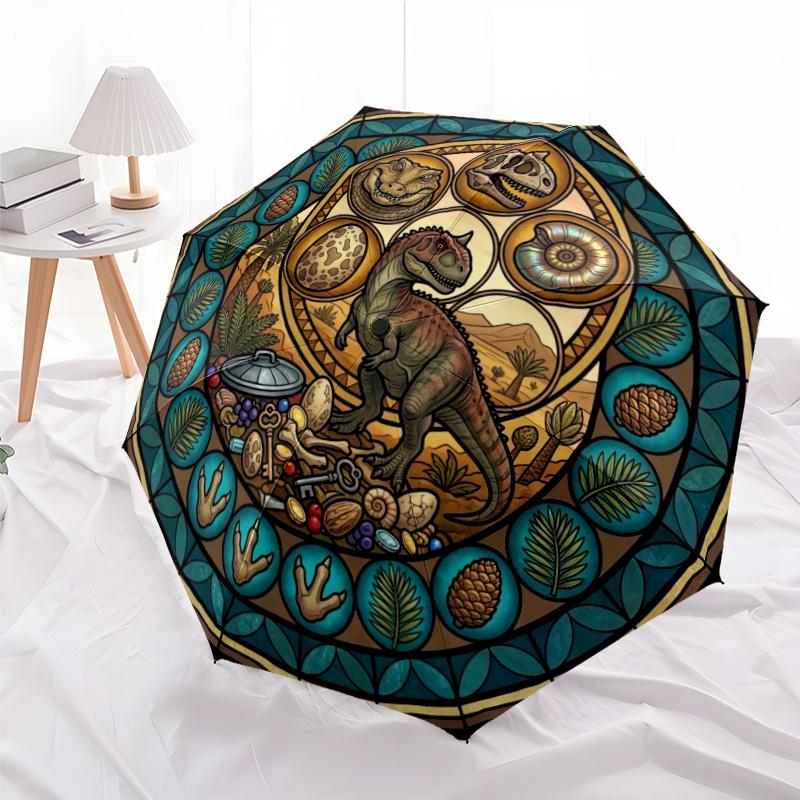 Dinosaur Glass Art Pattern Umbrella, Portable and Foldable Design, 8 Ribs, a Casual Accessory for Halloween, Christmas, and Birthday Gifts.