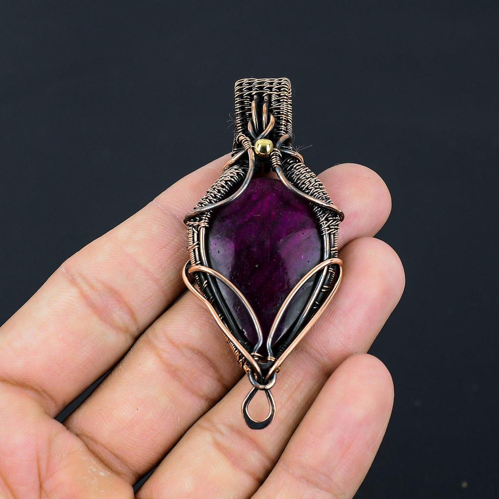 Bijoux pendentif faits à la main en fil de cuivre pur enveloppé de fil de cuivre pur de pierre précieuse de Labradorite Flash rose