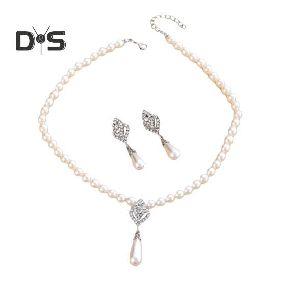 

1 комплект ювелирных изделий, серьги из искусственного жемчуга, ожерелье, регулируемая длина, декор со стразами, полированные украшения для выпускного вечера, свадьбы, вечеринки, невесты, украшения серебро белый