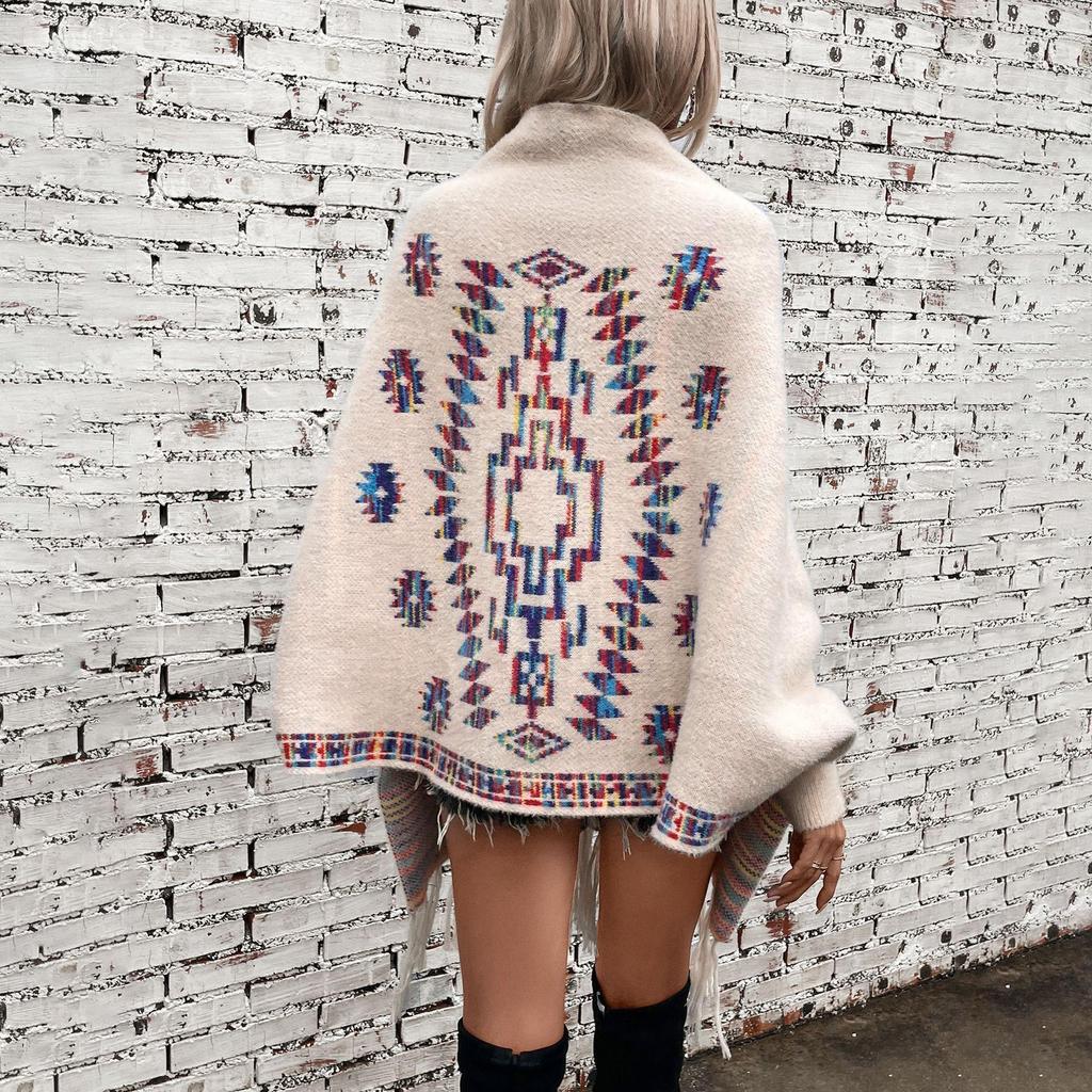 Jesień i zima Kobiety Luźny nadruk Rękaw nietoperz Krzyżowa granica Płaszcz Kardigan Dzianina Sweter z dekoltem w serek