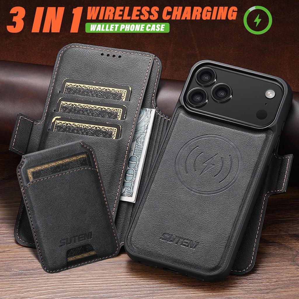 iPhone 17 Pro Max Leather Flip Case with Card Slot, Magnetic Closure, and Wireless Charging Stand