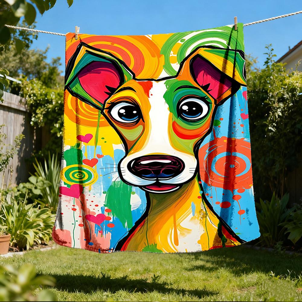 1pc Colorful Dog Art Print Throw Blanket Polyester Fiber, Lightweight Flannel, Soft & Warm, All Season Use for Outdoor, Camping Digital Print