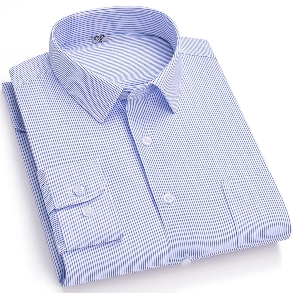 Men's Spread Collar Long Sleeve Striped Dress Shirt with Chest Pocket - Classic Business Formal for Office & Professional Wear
