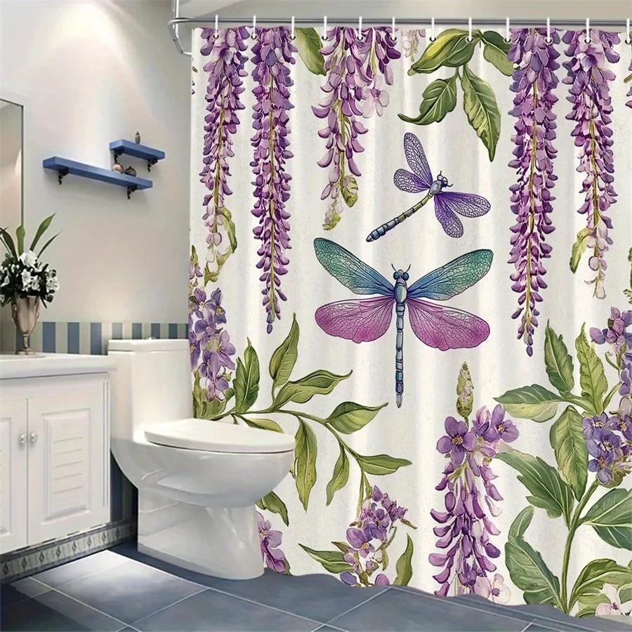 1Pc Dragonflies And Wisteria Shower Curtain, Blue And Purple Dragonflies With Cascading Wisteria Flowers, Vintage Botanical Styl
