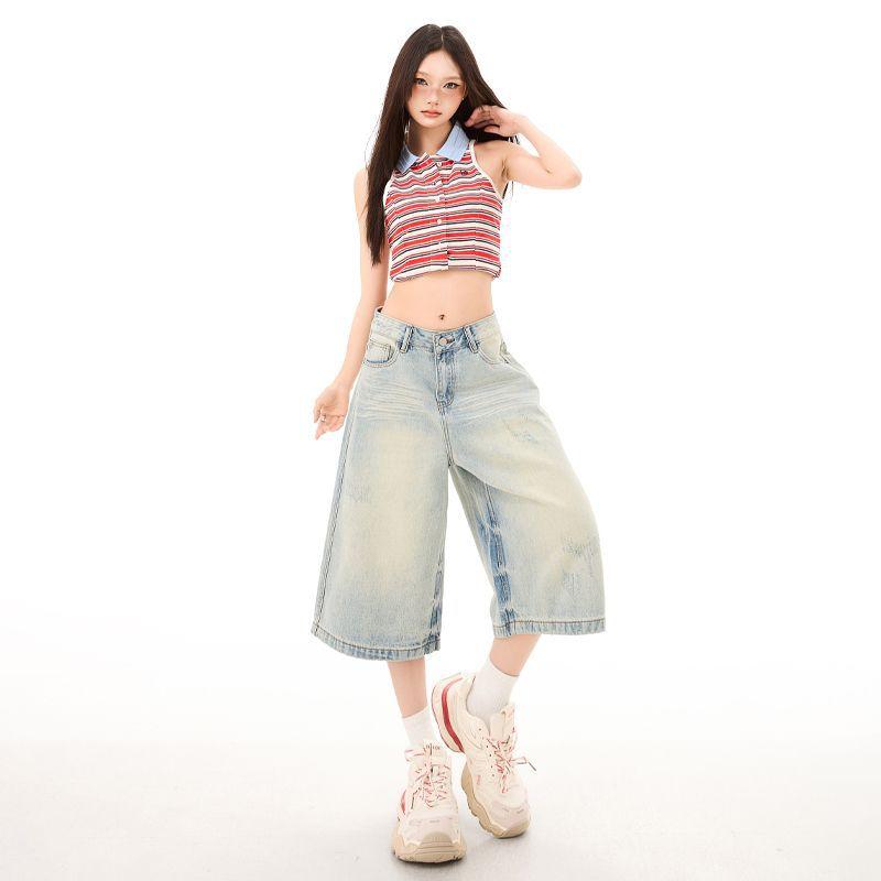 Fashion Summer Vintage Washed Relaxed Fit Loose Denim Cropped Capri Pants Trendy Versatile Slimming FigureFlattering Lazy Style