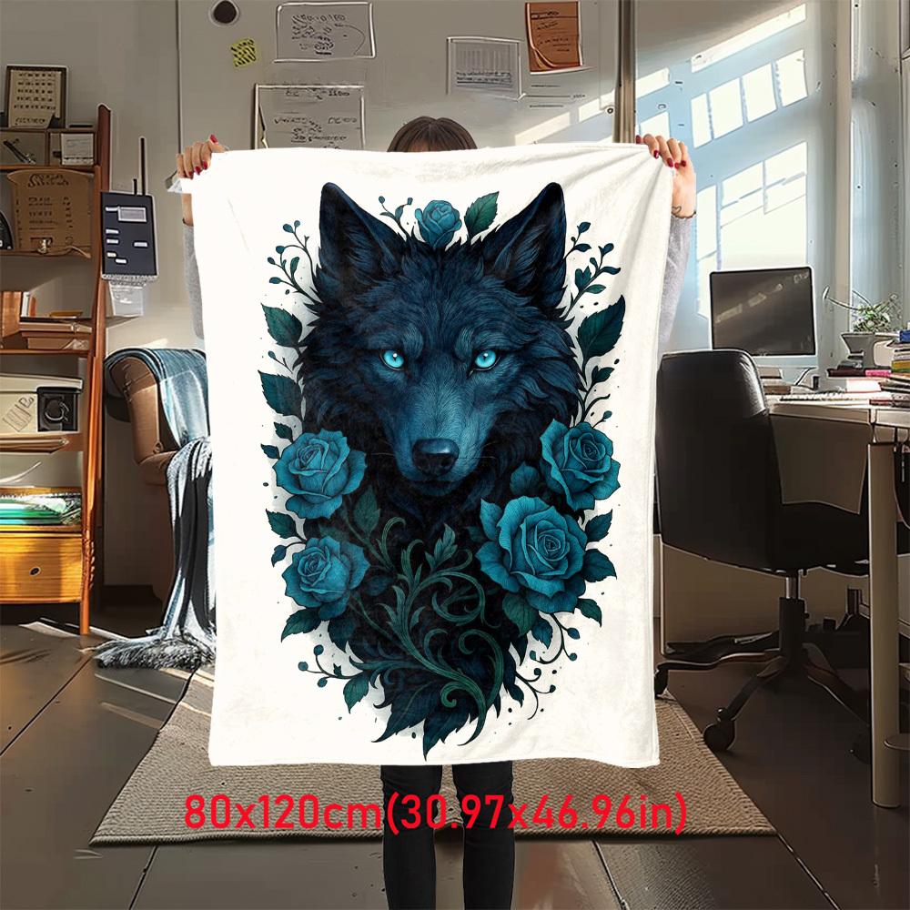 1Pc Wolf Roses Print Flannel Blanket, High Quality Digital Printing, Comfortable for All Seasons, Home DecorGifts821007