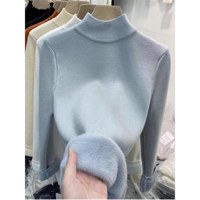 Haut en maille haut de gamme à petit col montant superposé avec un pull polaire intégré pour femme, automne et hiver, bas basique à volants laitiers tricoté