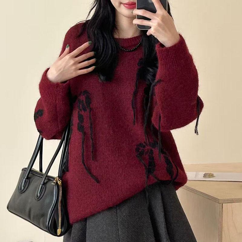 2025 Autumn/Winter Women's Loose Knit Bow Sweater with Round Neck