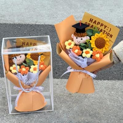 Yousheng Crochet Flower Graduation Bouquet Handcrafted Crocheted Flowers Sunflower Bouquet with Cute Doll Graduation Gift for Boys Girls