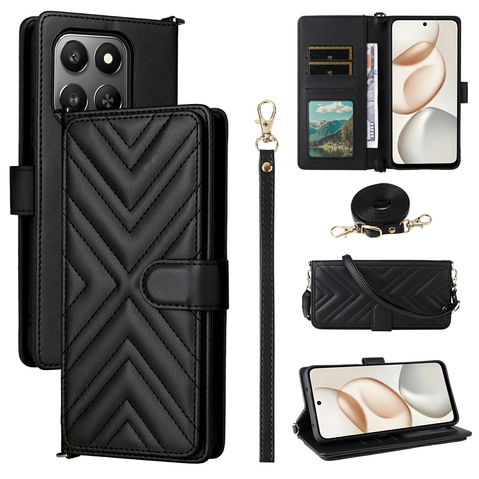 

Для Honor 400 Смарт-чехол с плечевым/наручным ремешком Кожаный чехол для телефона Подставка Кошелек Black