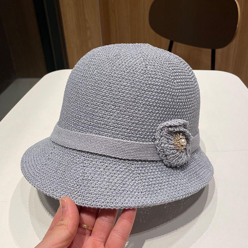 

Women s Summer Sun Hat Floral Decor Woven Straw Bucket Hat UV Protection Beach Cap Adult (52-56CM) серый