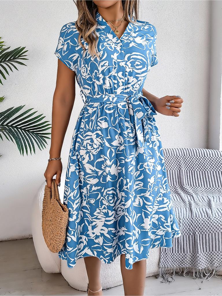 Kleid mit V-Ausschnitt, bedrucktem Knopf, taillenbetontes, elegantes, strähniges Selvedge-Kleid für Damen mit Fledermausärmeln, lockere Kleider, lässiges Kleid