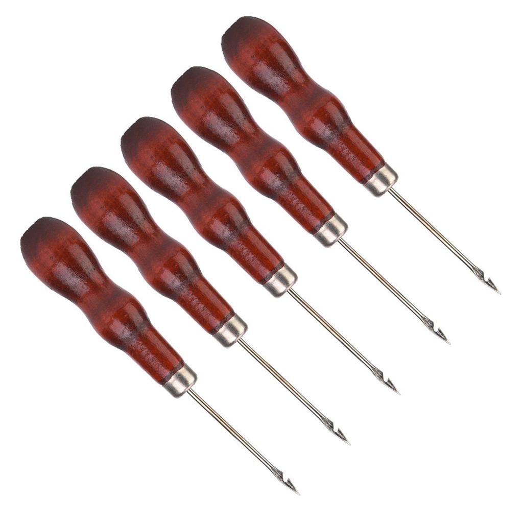 5PCS Wooden Handle Awl Hole Punch Sewing Stitching Awl Tool Shoe Repair Crochet Hook