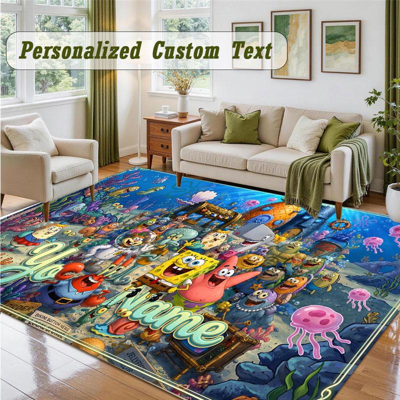 Crystal Velvet Square Rug Custom NameSpongeBob Pattern Non Slip Home Floor Decor Rug